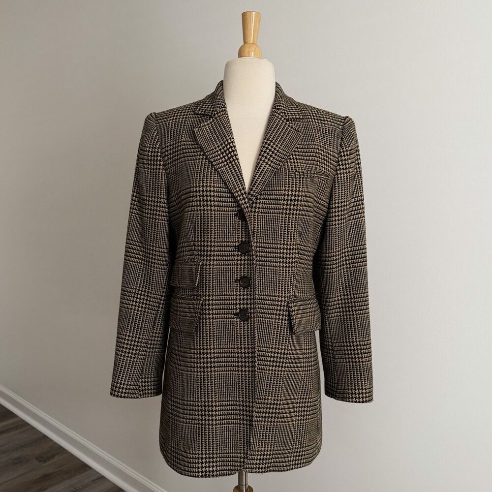 Lauren Ralph Lauren VTG 90s Sz 6 Blazer Jacket Houndstooth Brown Black Lambswool